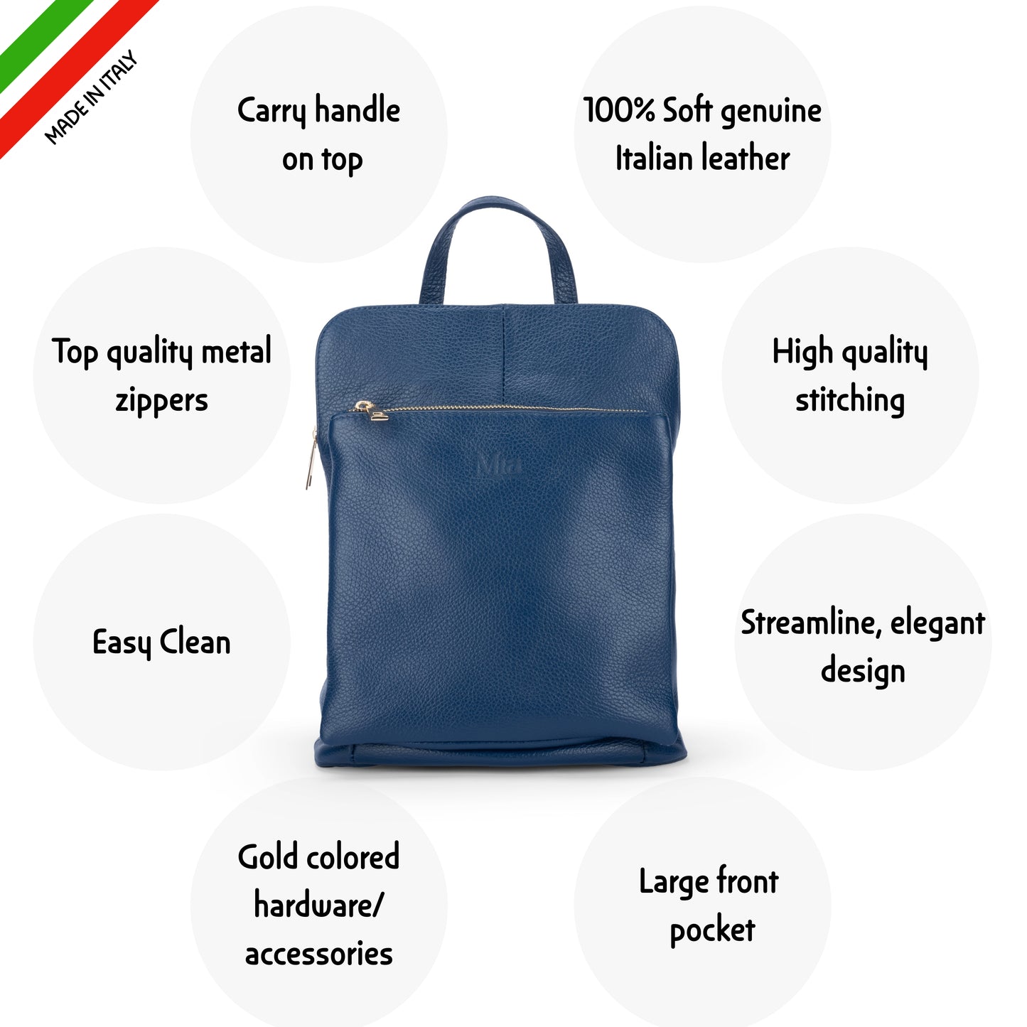 Mia - MADE IN ITALY Medium Convertible Backpack Purse, Genuine Italian Leather, 4 in 1 Design - Ideal For Everyday Use