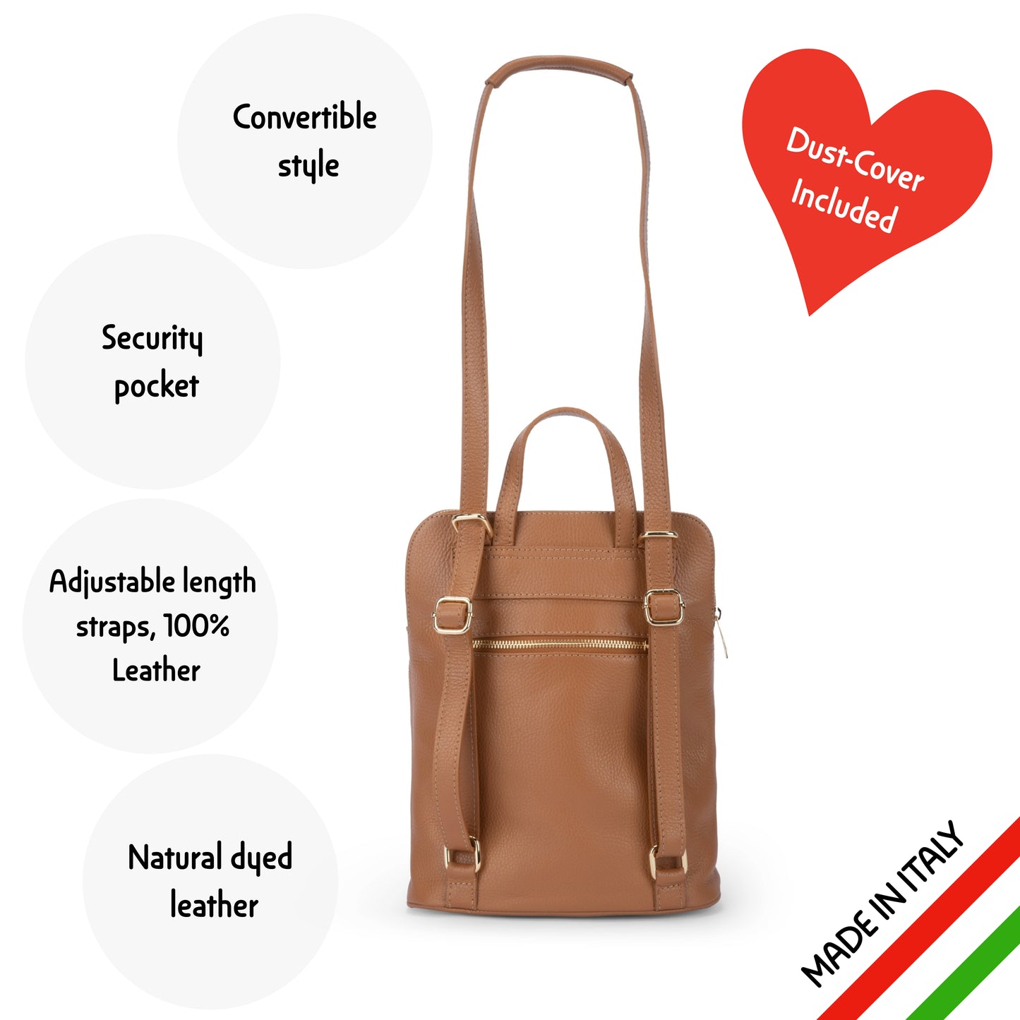 Mia - MADE IN ITALY Medium Convertible Backpack Purse, Genuine Italian Leather, 4 in 1 Design - Ideal For Everyday Use