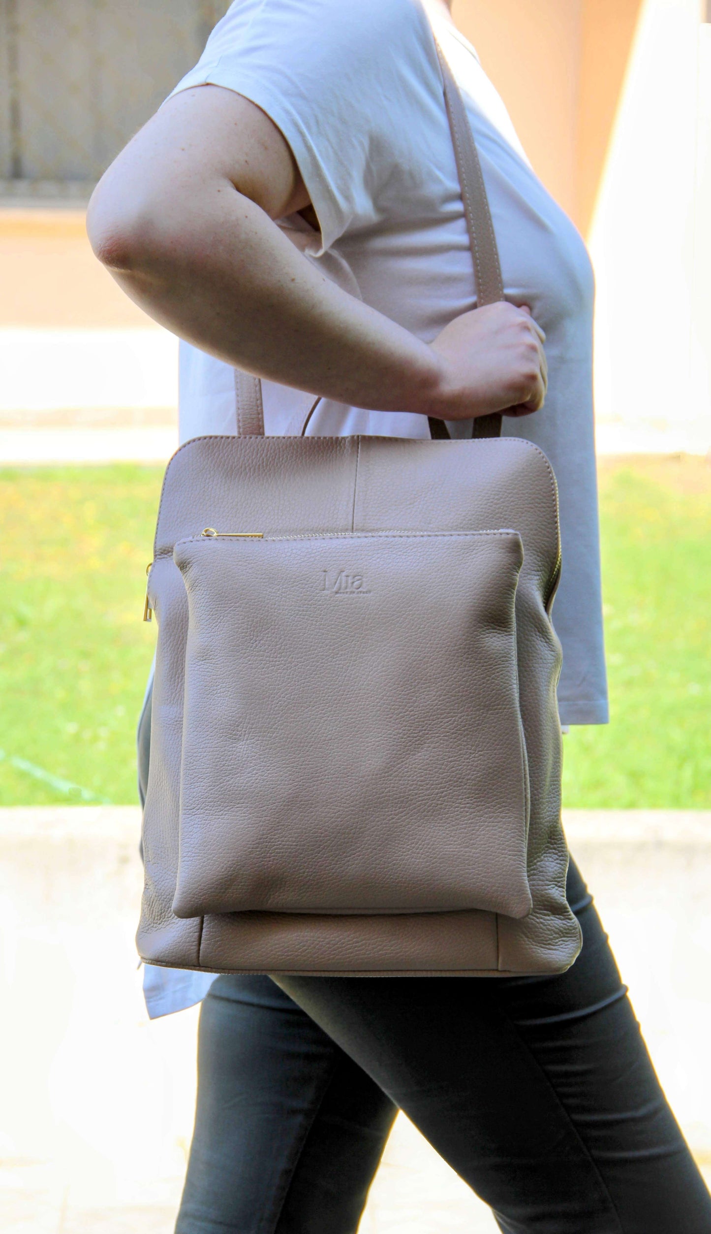 Italian leather backpack and Crossbody bag - SARAH - Nude