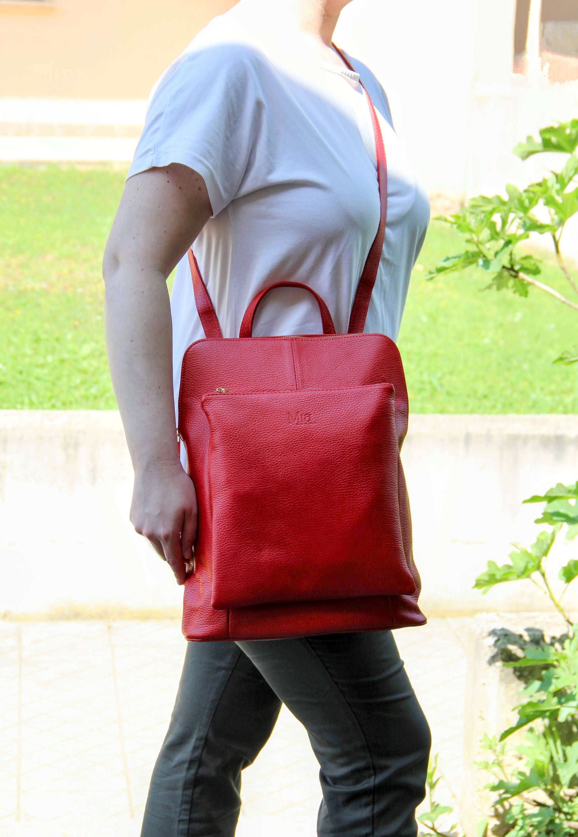 Italian leather Backpack and Crossbody bag - SARAH - Red