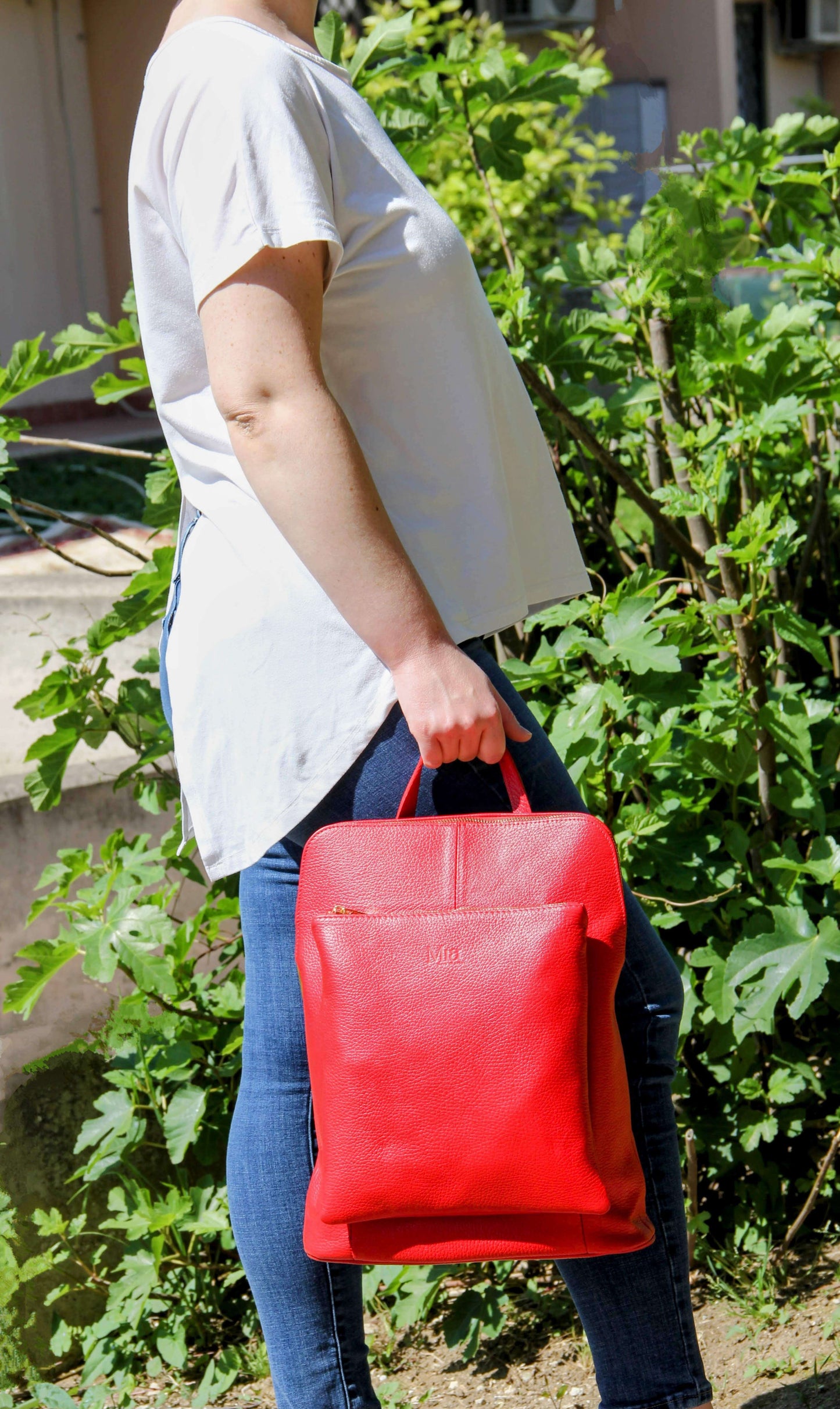 Italian leather Backpack and Crossbody bag - SARAH - Red