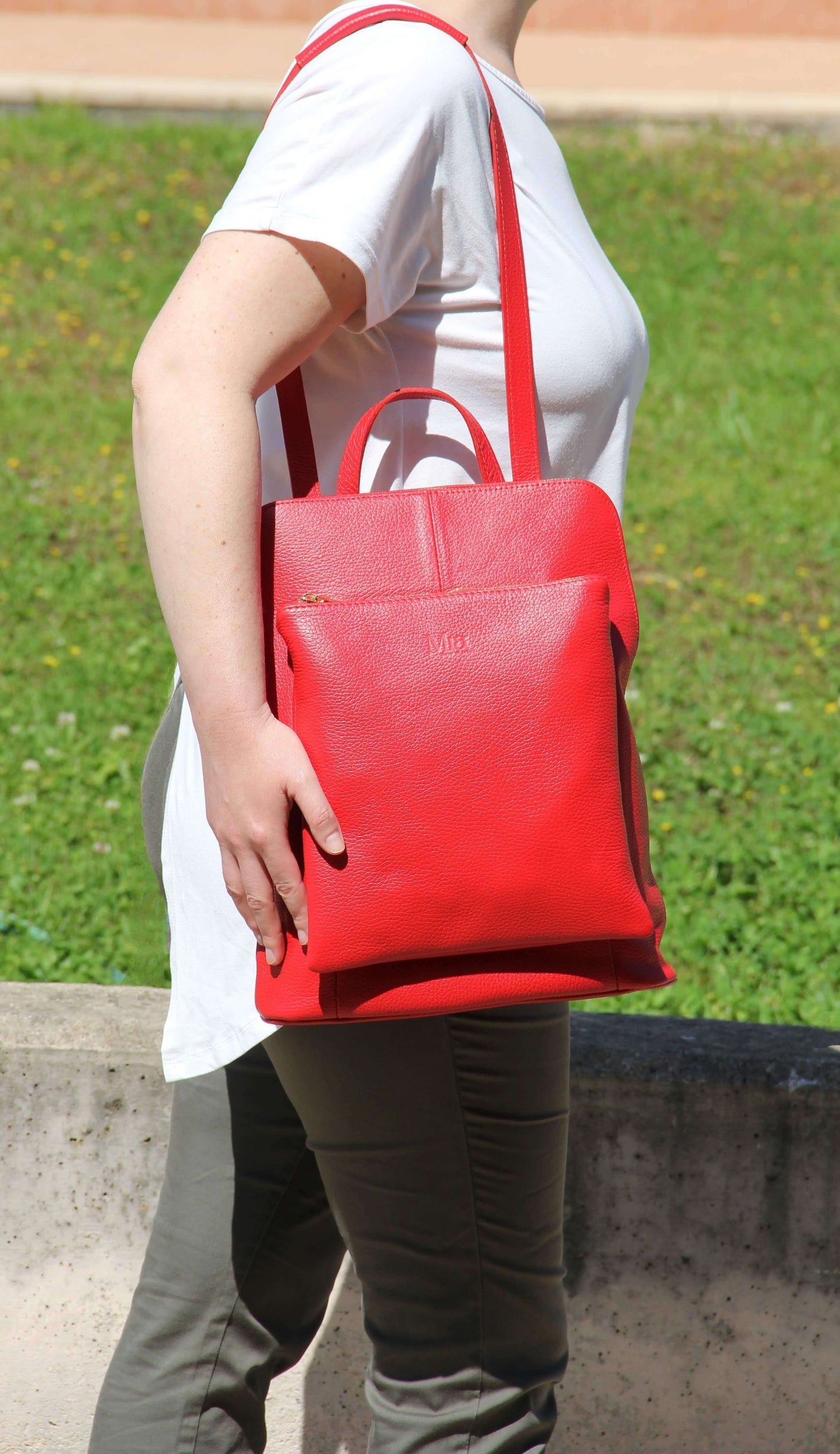 Italian leather Backpack and Crossbody bag - SARAH - Red