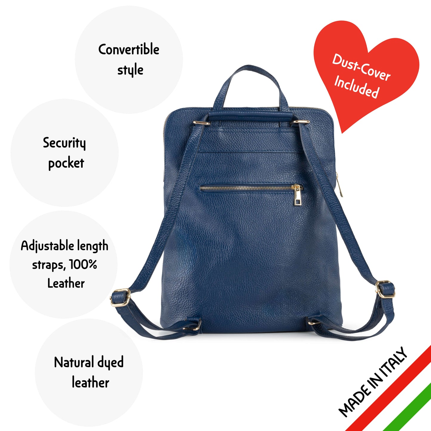 SARAH - Large Convertible Backpack Purse, Genuine Italian Leather, 4 in 1 Design - Ideal For Work & Travel